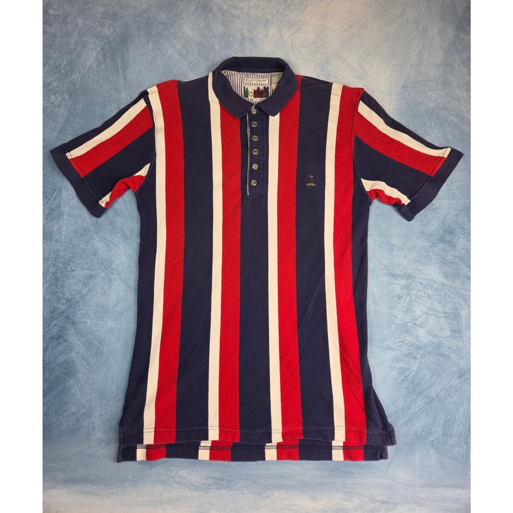 Vintage Good Guys 90s Men's Polo Shirt L Navy Red White Vertical Stripe Crest